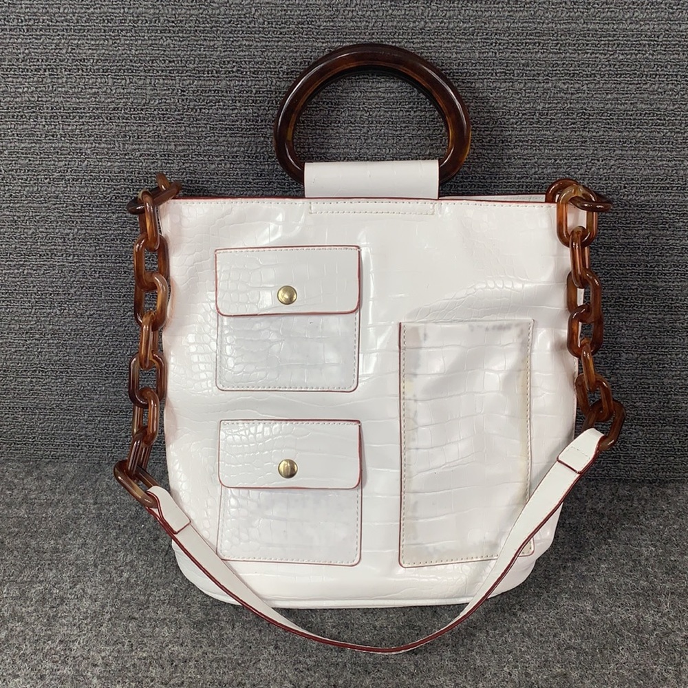 Studio 33 Bucket Bag Womens Medium White PU Looking Snatched Croc Embossed Purse